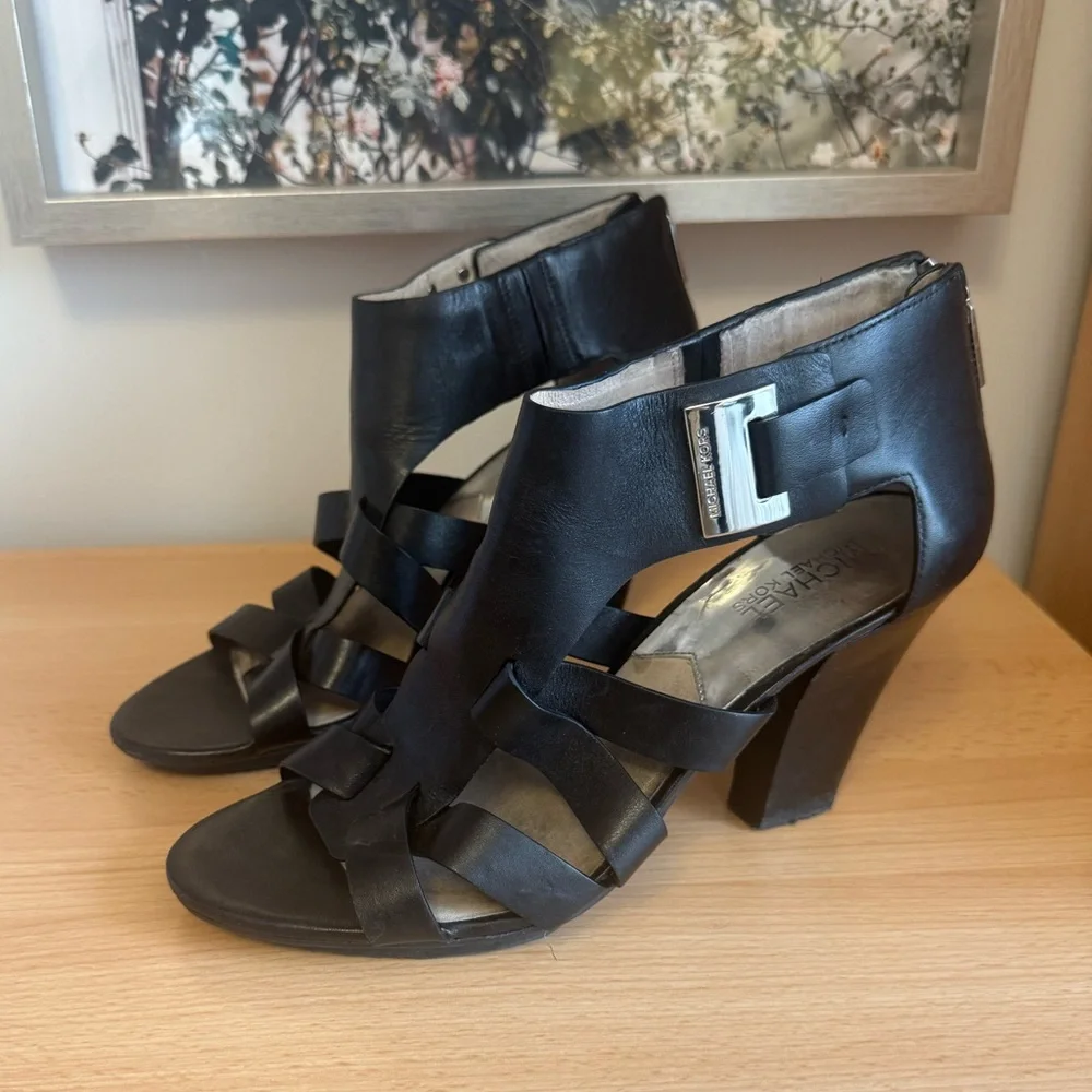 Michael Michael Kors Guiliana Black Leather Heels Sandals Size 9.5